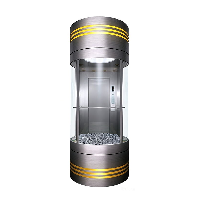 Circular Glass Observation Elevator with Painted Steel Canopy and Mirror Finish